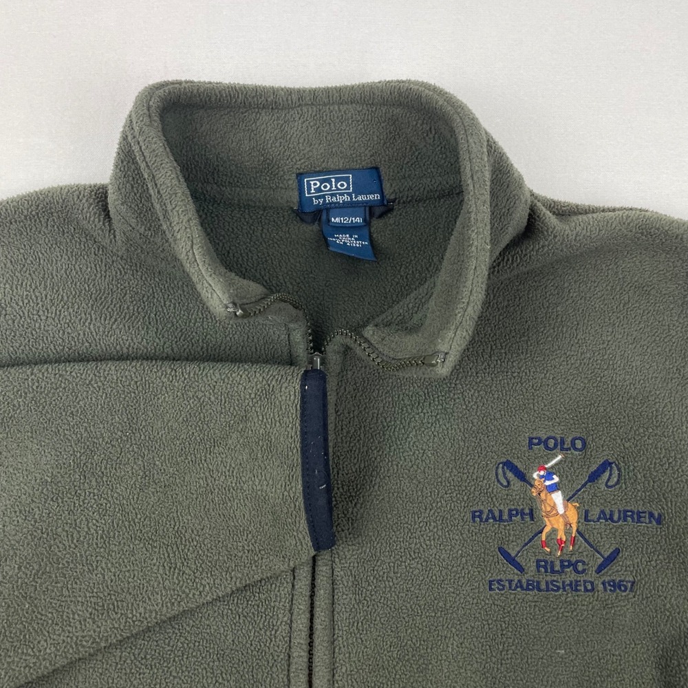 Polo Ralph Lauren Kids Fleece Jacket Olive Green Full Zip Crest Logo M 12/14